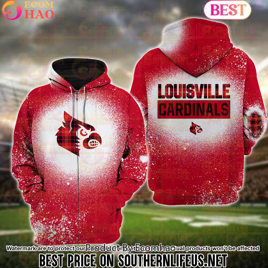 NCAA Louisville Cardinals Football Plaid Bleached 3D Hoodie