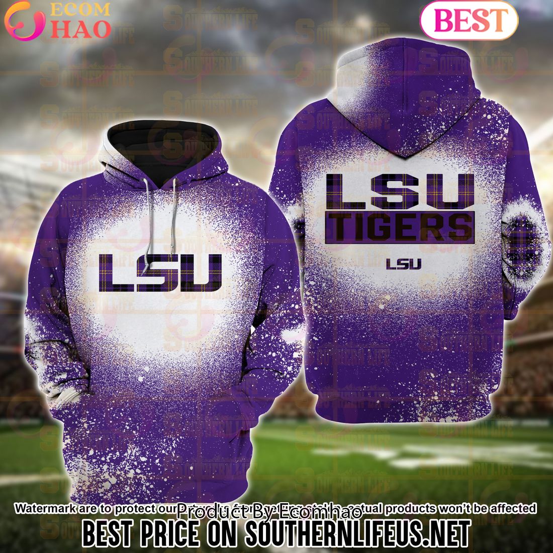 NCAA LSU Tigers Football Plaid Bleached 3D Hoodie