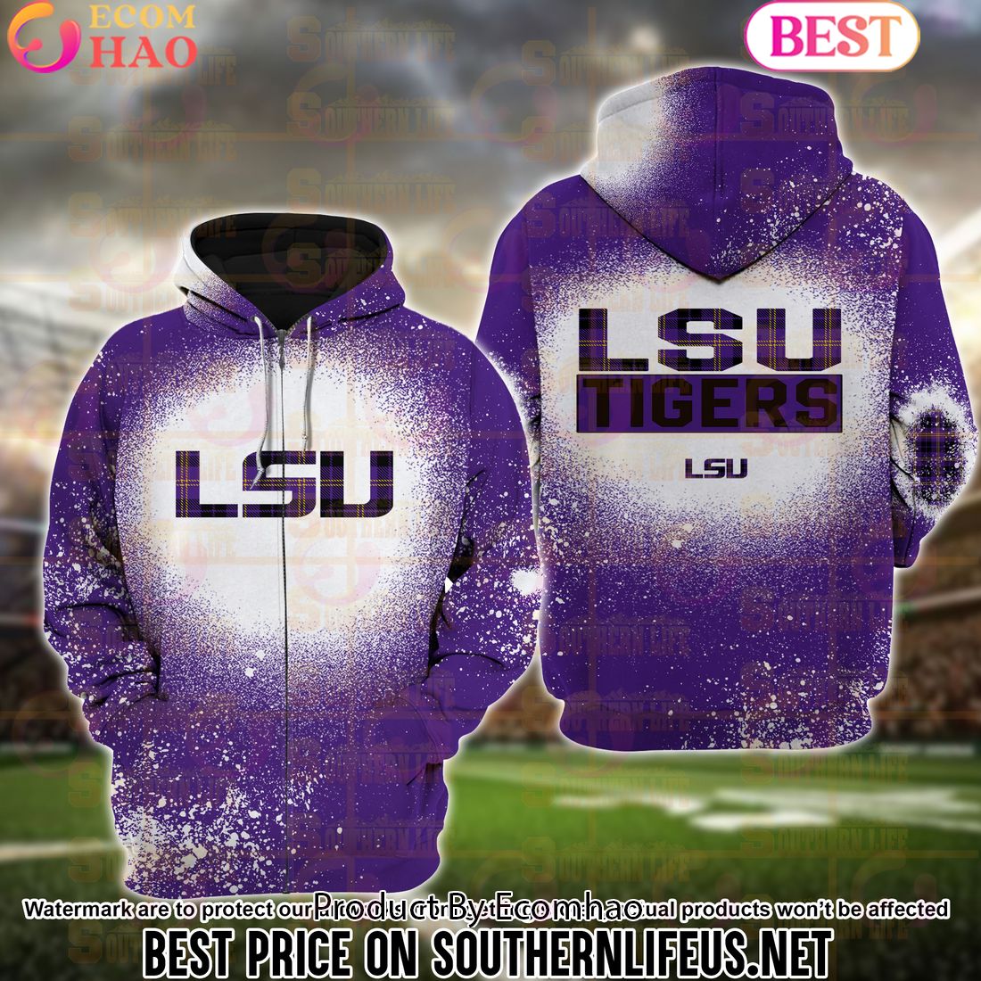 NCAA LSU Tigers Football Plaid Bleached 3D Hoodie