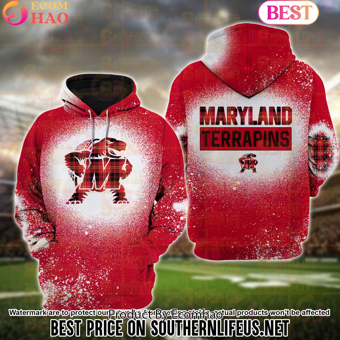 NCAA Maryland Terrapins Football Plaid Bleached 3D Hoodie