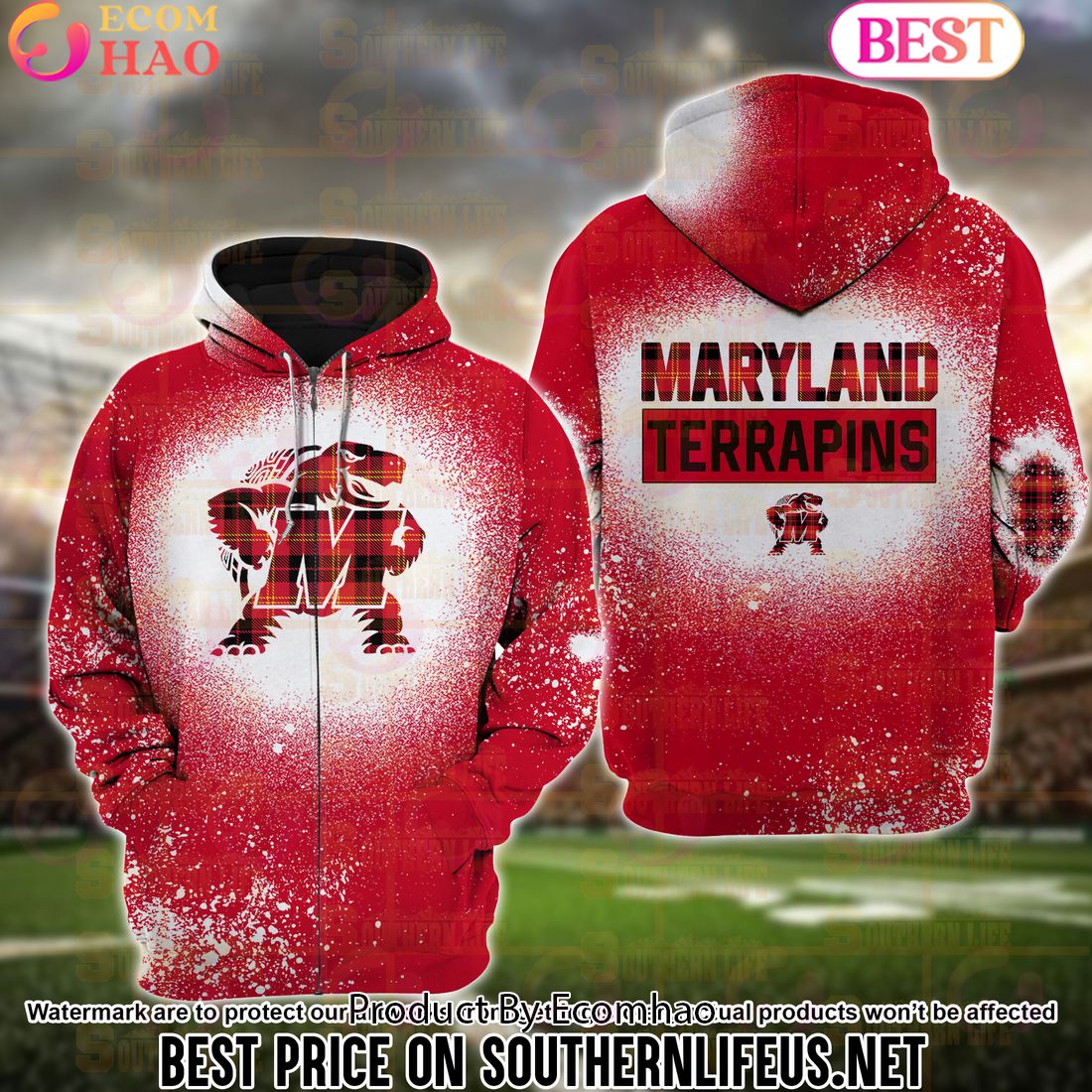 NCAA Maryland Terrapins Football Plaid Bleached 3D Hoodie