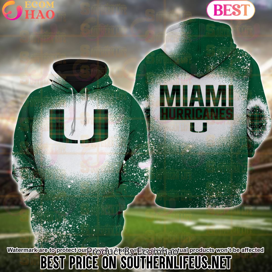 NCAA Miami Hurricanes Football Plaid Bleached 3D Hoodie