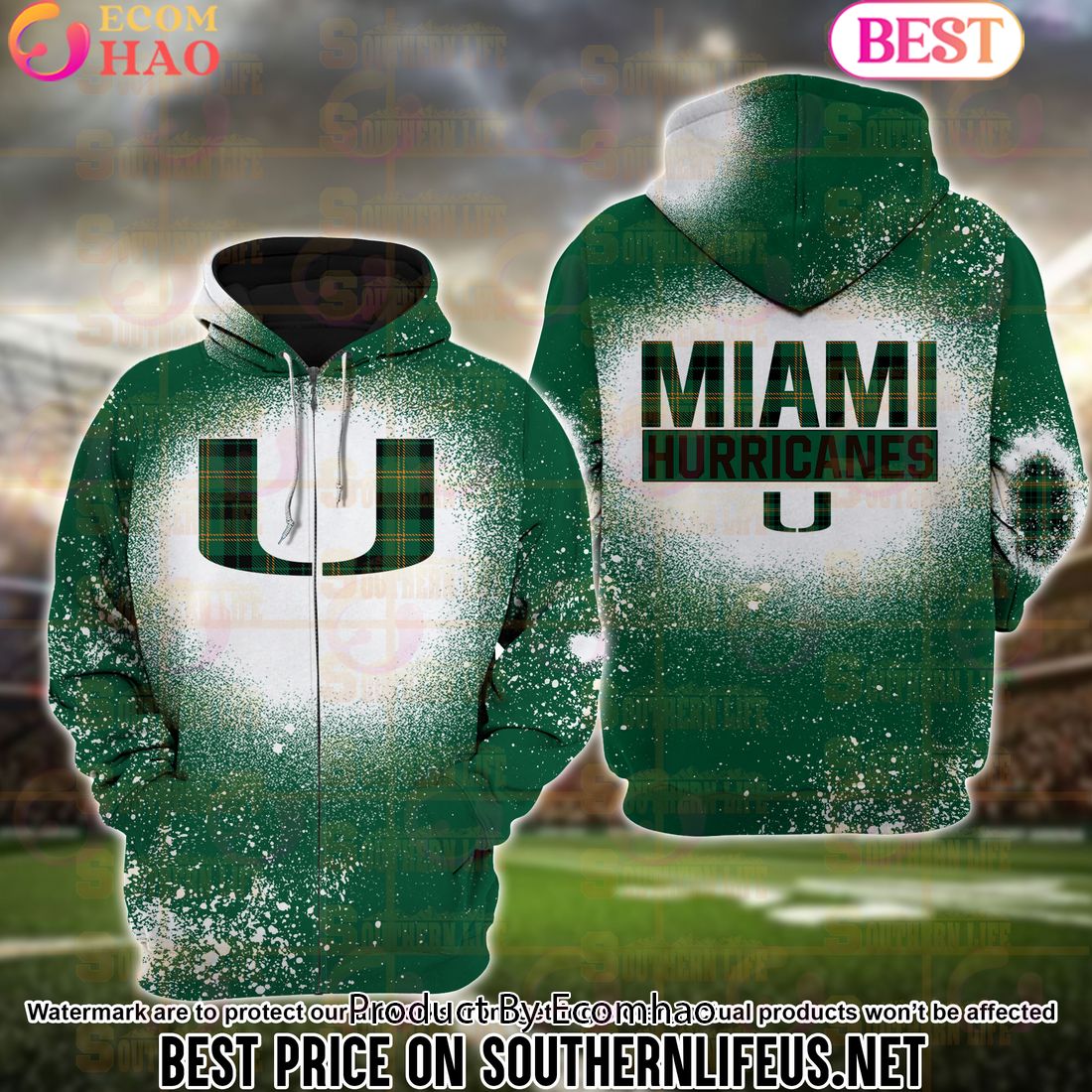 NCAA Miami Hurricanes Football Plaid Bleached 3D Hoodie