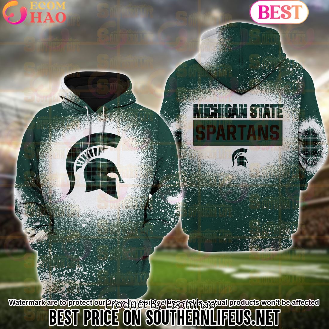 NCAA Michigan State Spartans Football Plaid Bleached 3D Hoodie