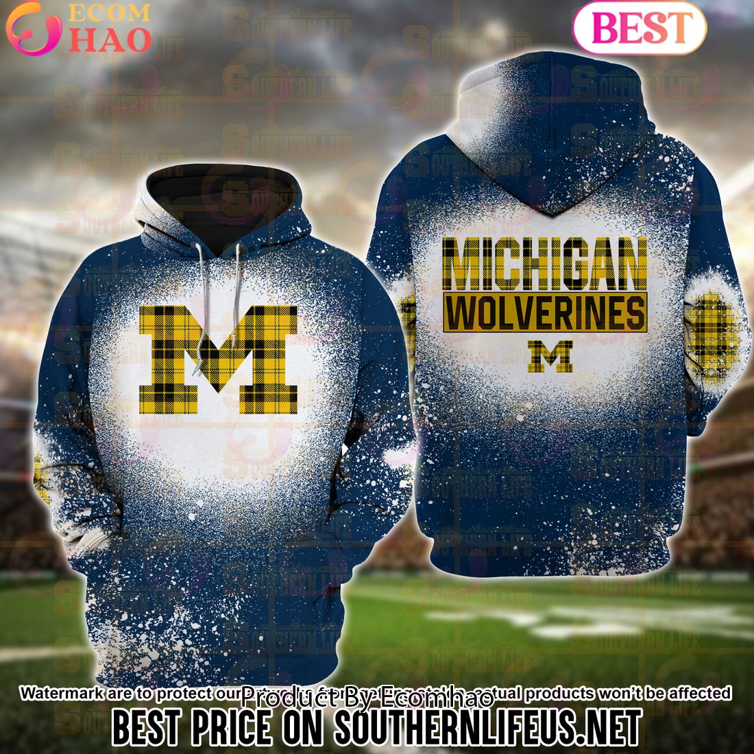 NCAA Michigan Wolverines Football Plaid Bleached 3D Hoodie