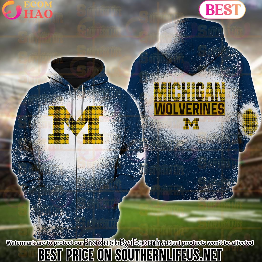 NCAA Michigan Wolverines Football Plaid Bleached 3D Hoodie