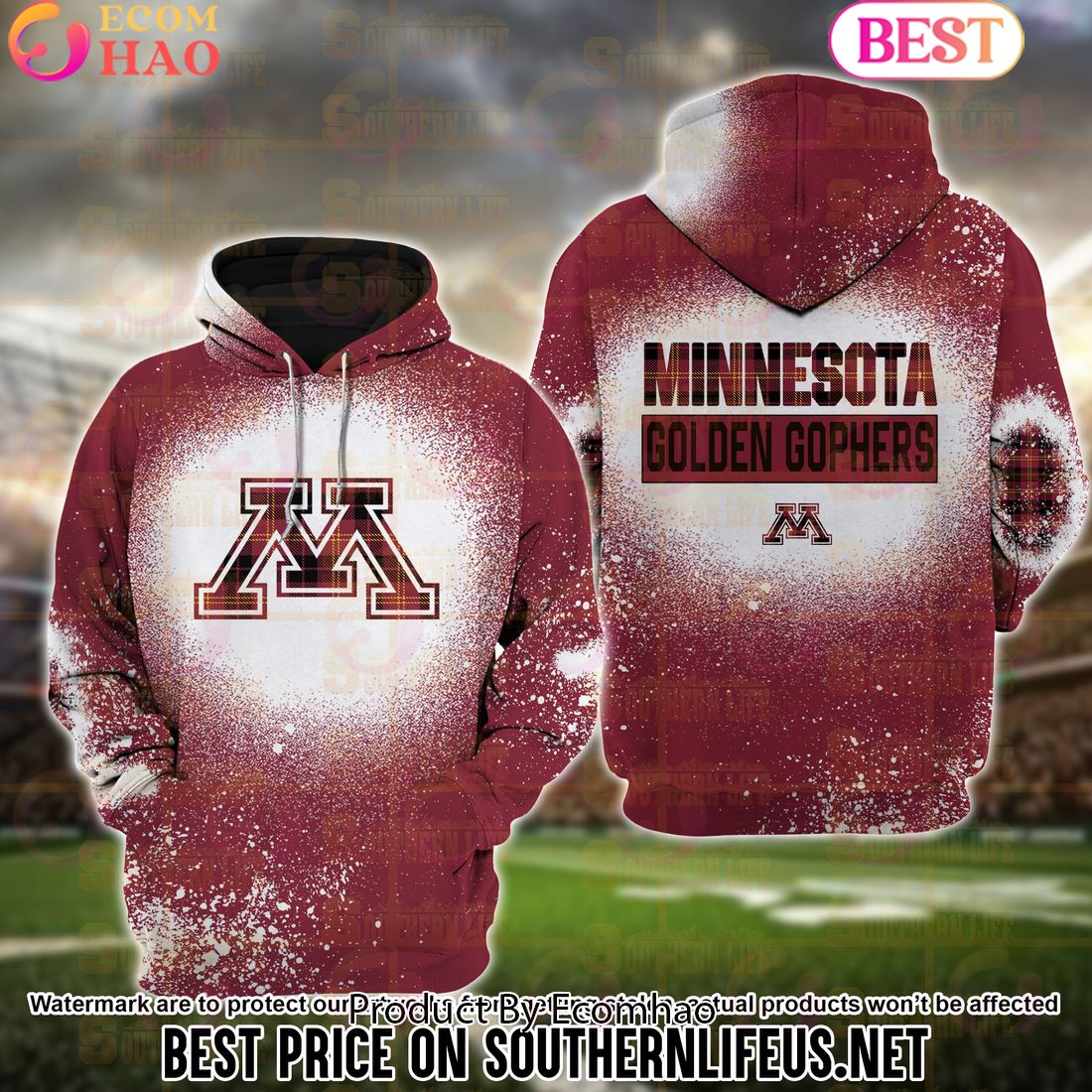 NCAA Minnesota Golden Gophers Football Plaid Bleached 3D Hoodie