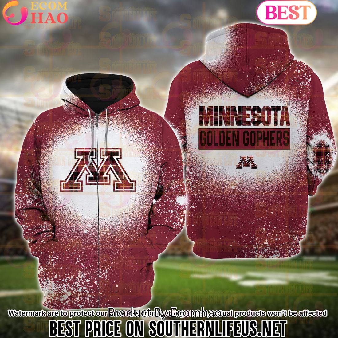 NCAA Minnesota Golden Gophers Football Plaid Bleached 3D Hoodie