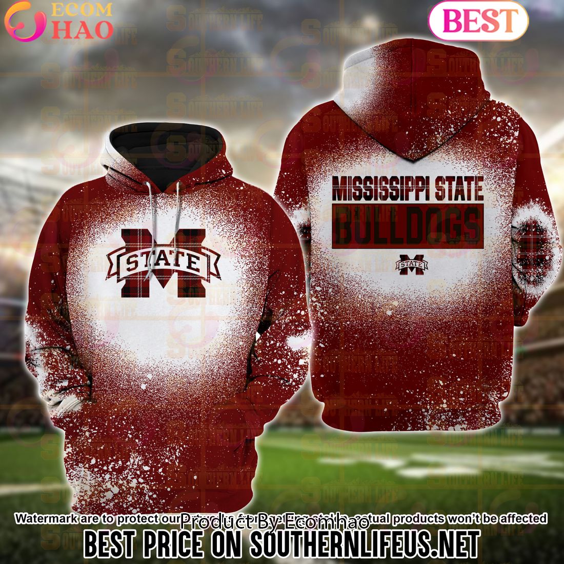 NCAA Mississippi State Bulldogs Football Plaid Bleached 3D Hoodie