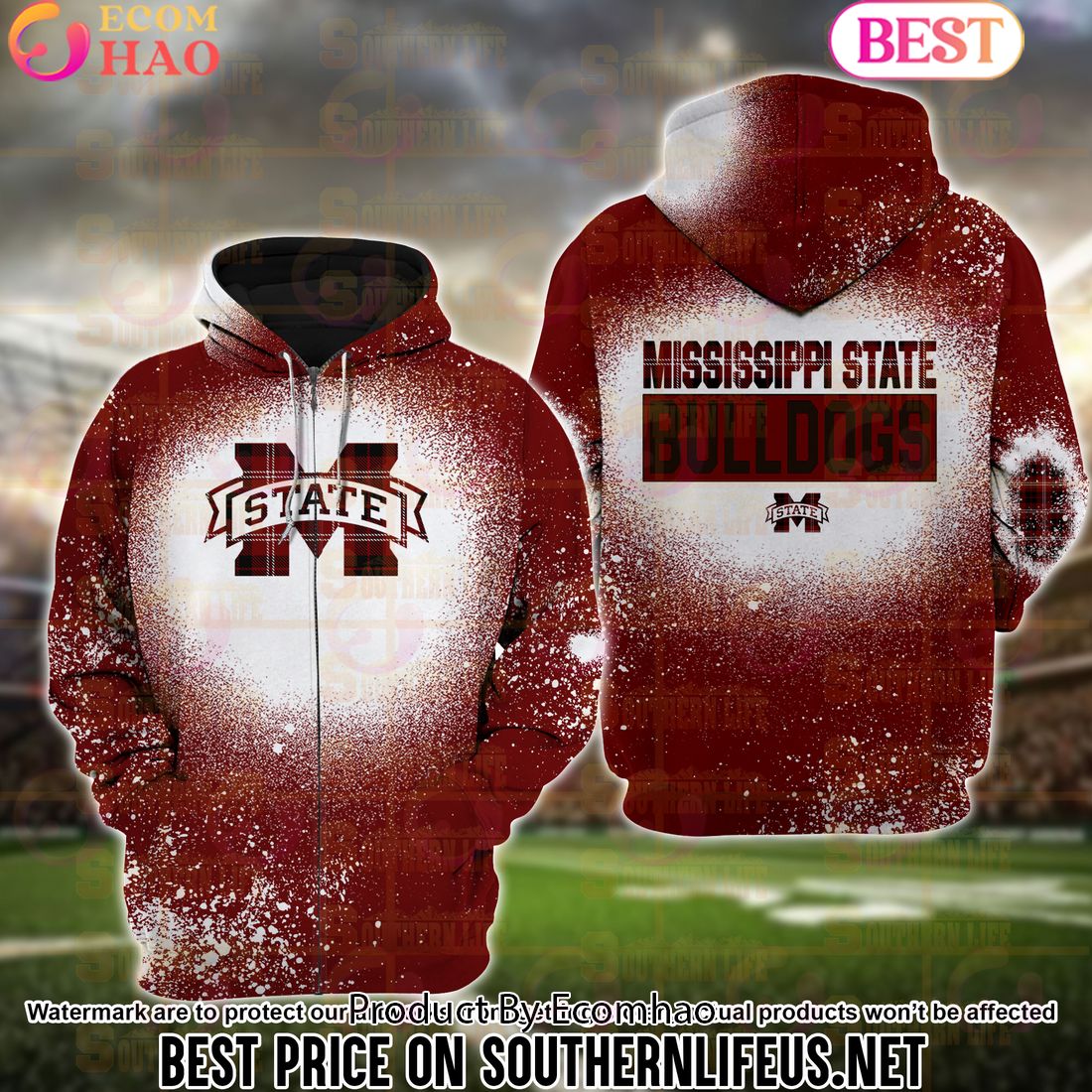 NCAA Mississippi State Bulldogs Football Plaid Bleached 3D Hoodie