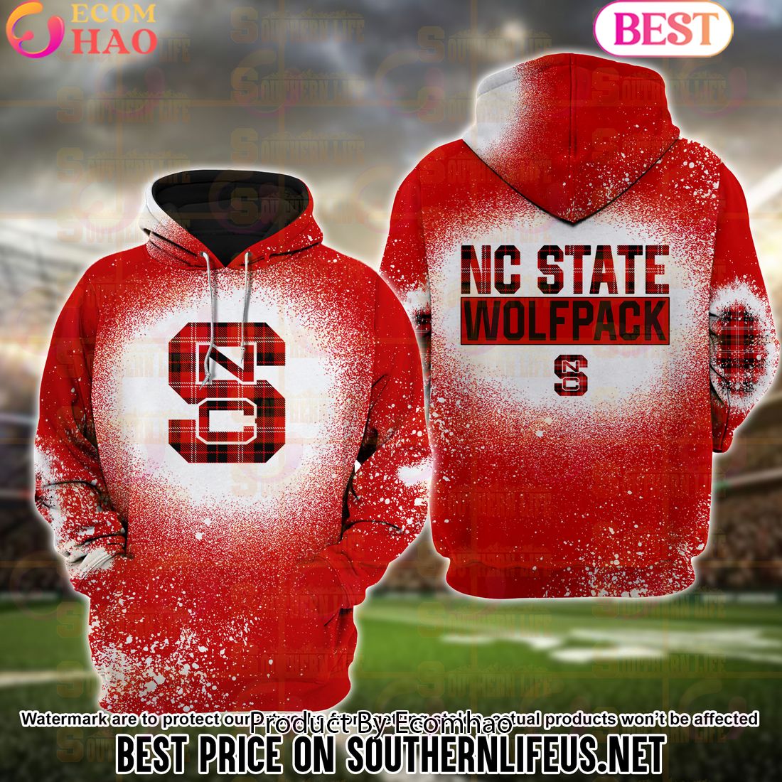 NCAA NC State Wolfpack Football Plaid Bleached 3D Hoodie