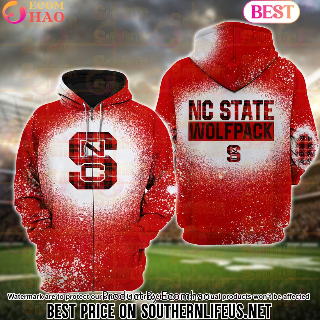 NCAA NC State Wolfpack Football Plaid Bleached 3D Hoodie