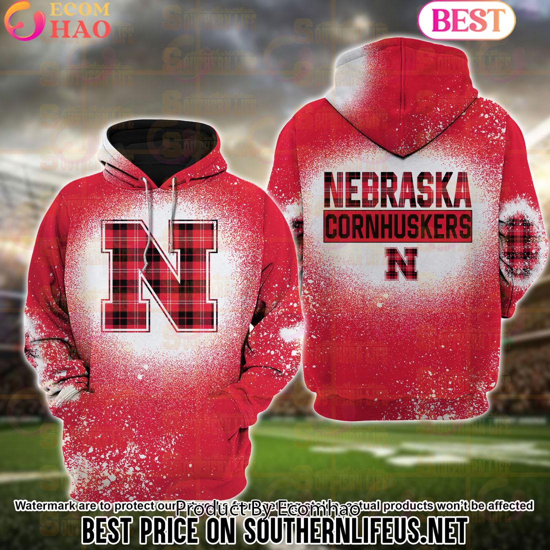 NCAA Nebraska Cornhuskers Football Plaid Bleached 3D Hoodie