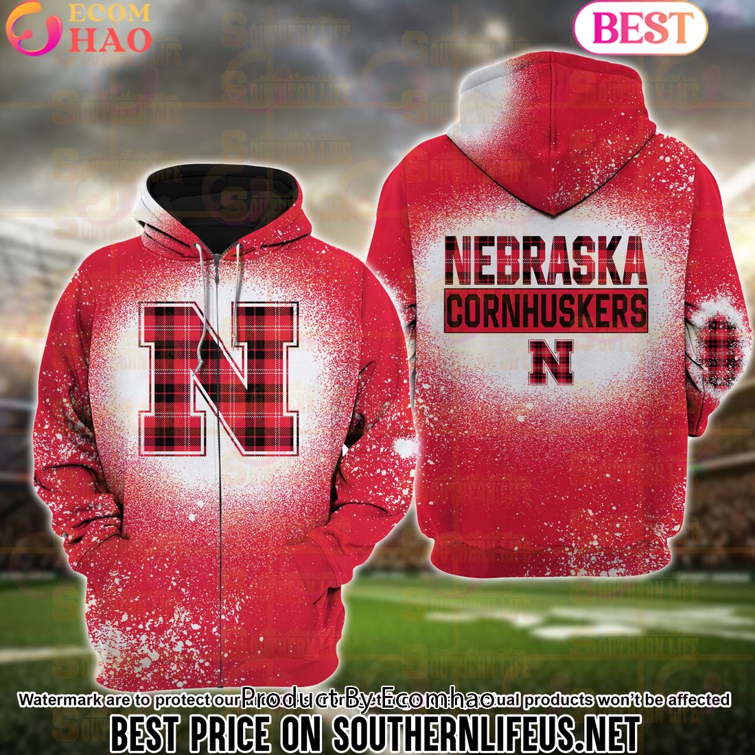 NCAA Nebraska Cornhuskers Football Plaid Bleached 3D Hoodie