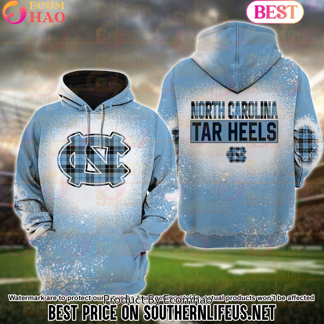 NCAA North Carolina Tar Heels Football Plaid Bleached 3D Hoodie