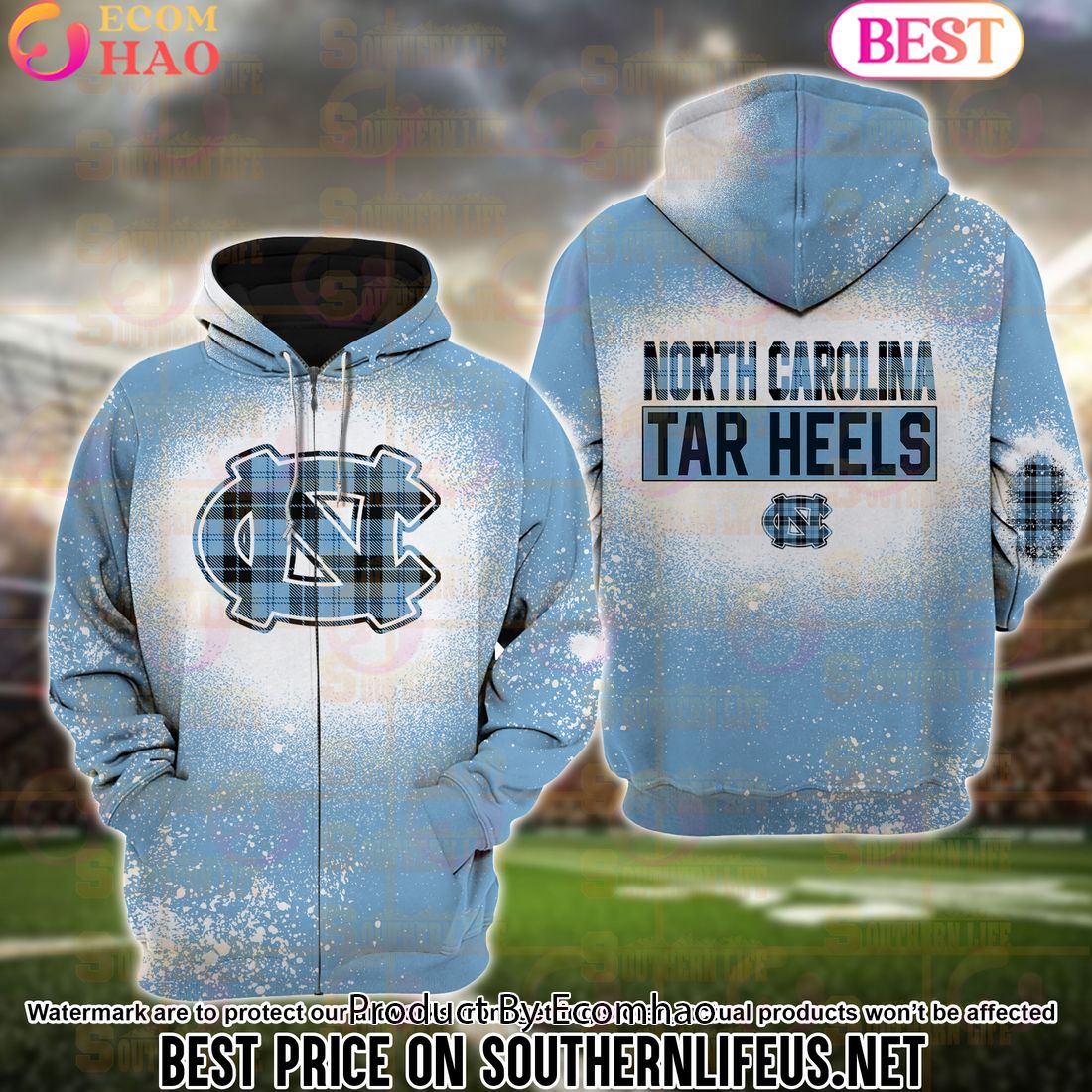 NCAA North Carolina Tar Heels Football Plaid Bleached 3D Hoodie