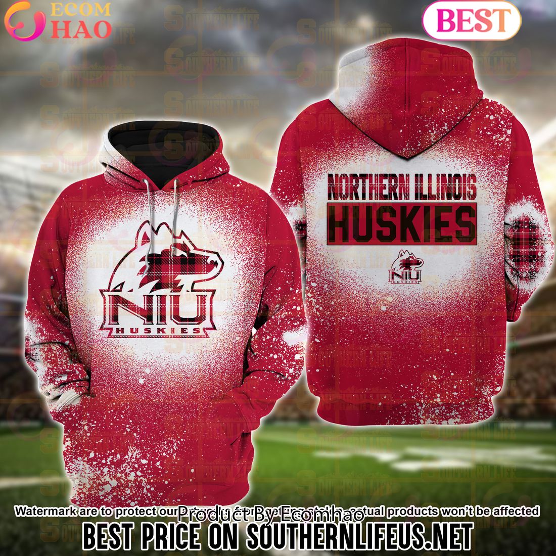 NCAA Northern Illinois Huskies Football Plaid Bleached 3D Hoodie