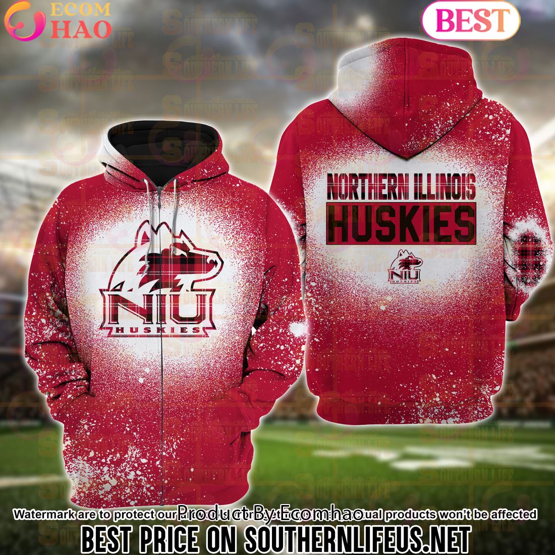 NCAA Northern Illinois Huskies Football Plaid Bleached 3D Hoodie