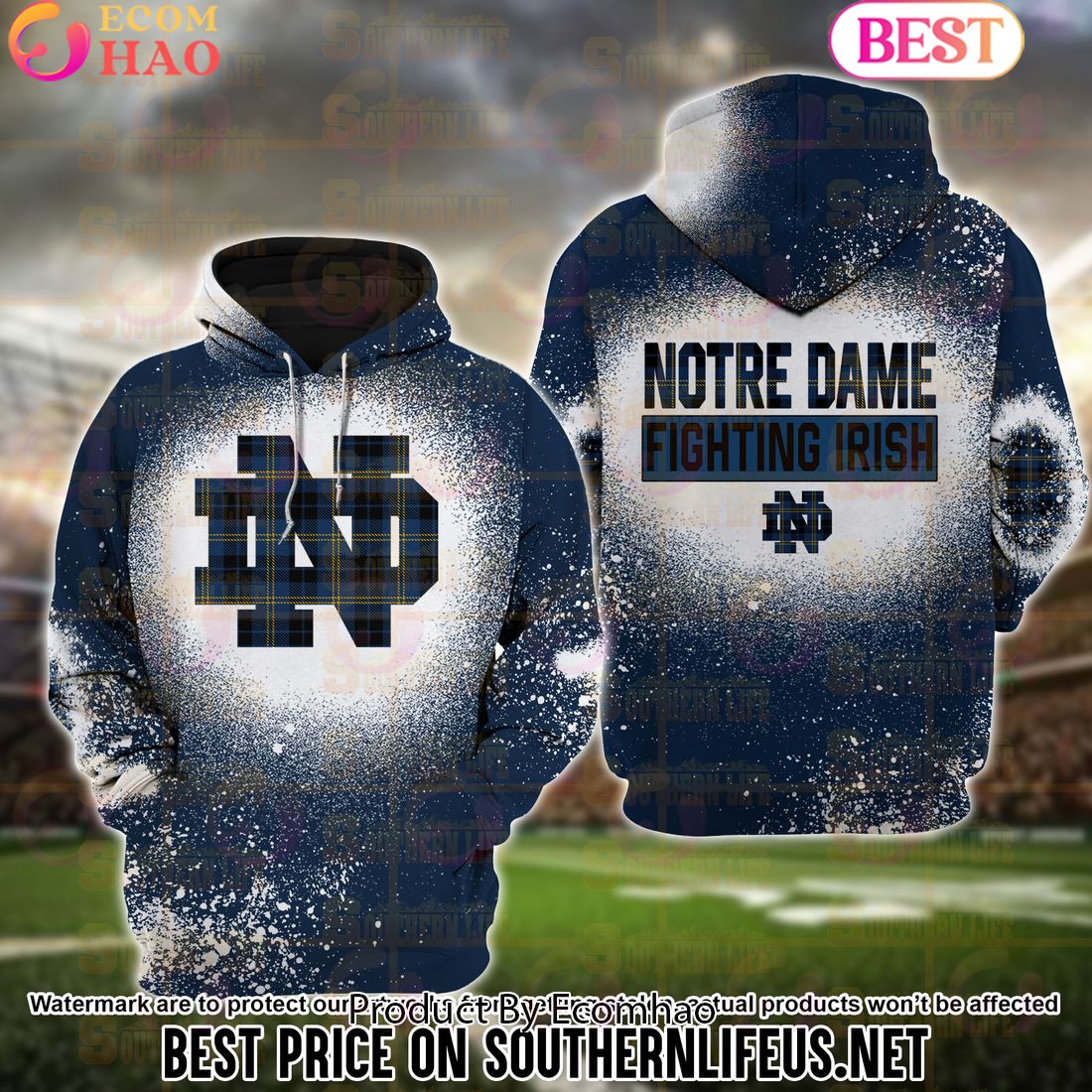 NCAA Notre Dame Fighting Irish Football Plaid Bleached 3D Hoodie