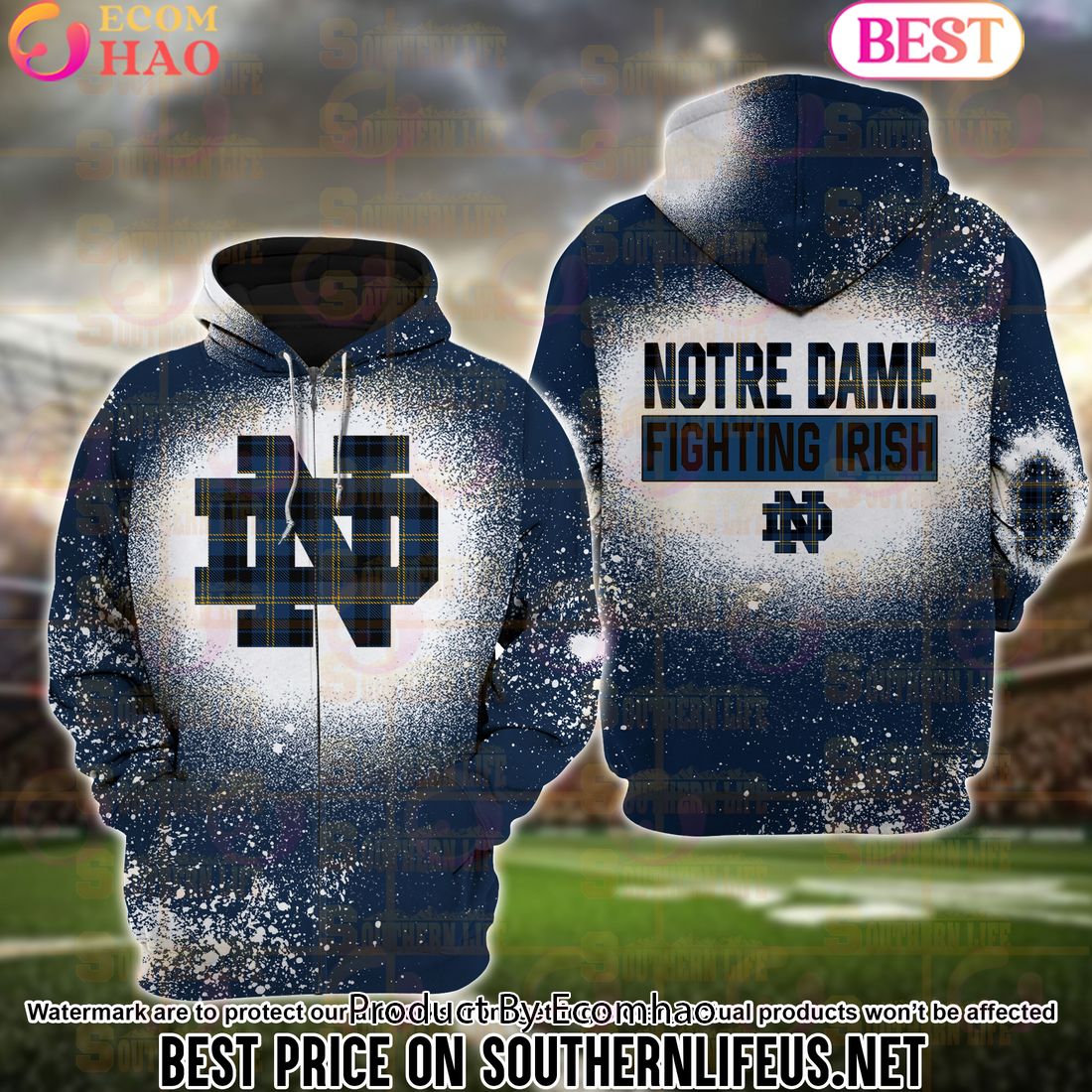 NCAA Notre Dame Fighting Irish Football Plaid Bleached 3D Hoodie