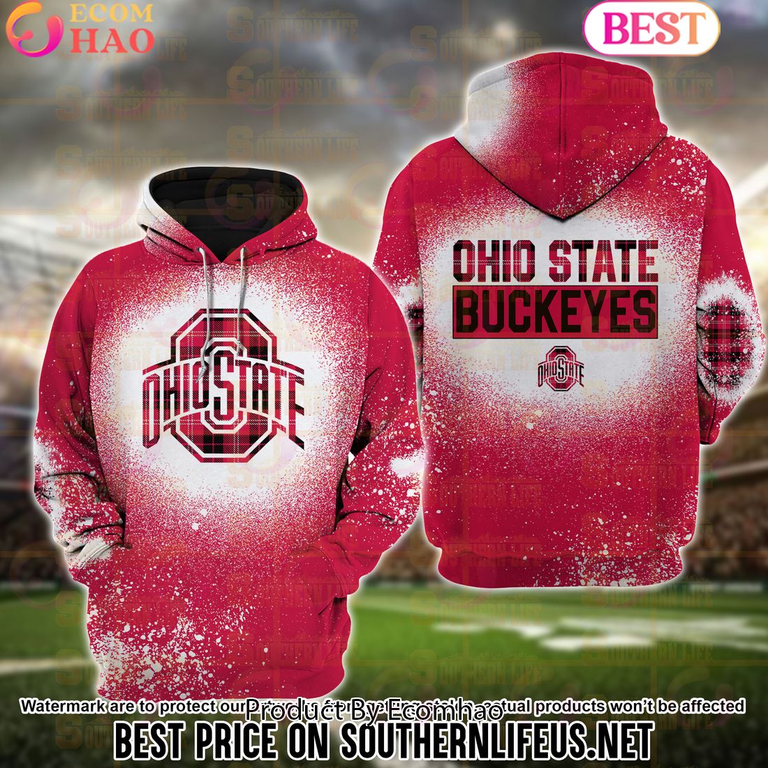 NCAA Ohio State Buckeyes Football Plaid Bleached 3D Hoodie