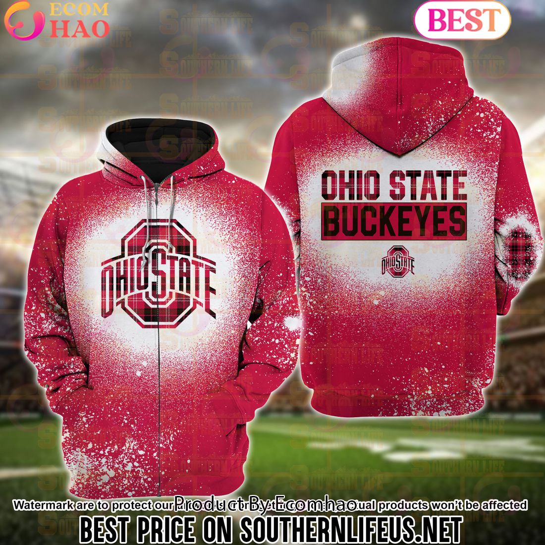 NCAA Ohio State Buckeyes Football Plaid Bleached 3D Hoodie