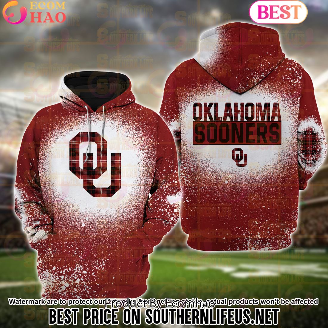 NCAA Oklahoma Sooners Football Plaid Bleached 3D Hoodie