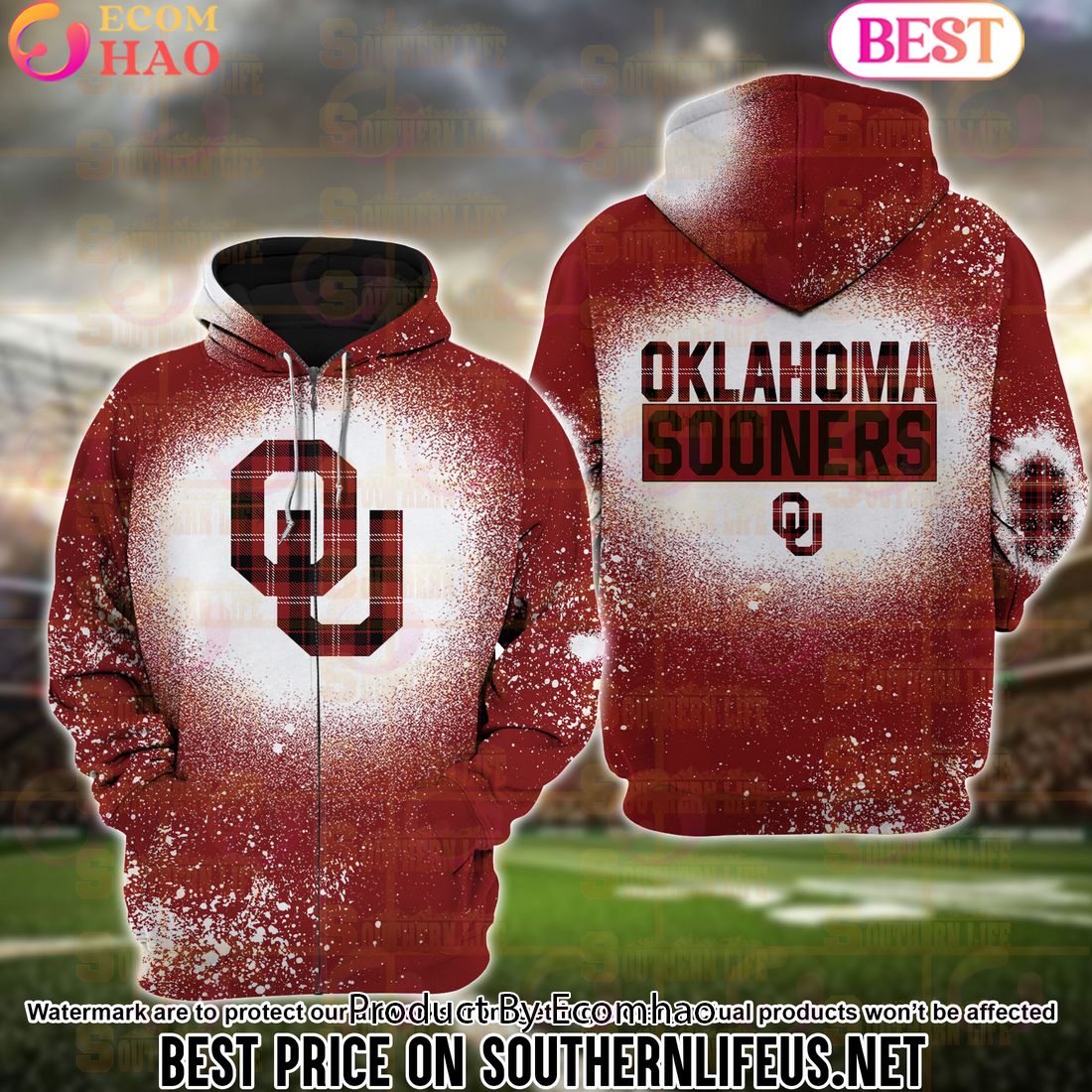 NCAA Oklahoma Sooners Football Plaid Bleached 3D Hoodie