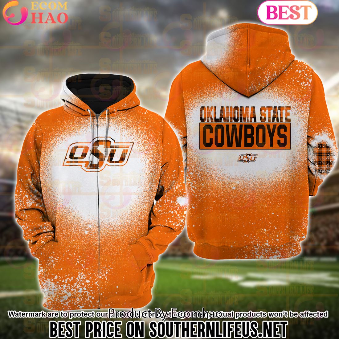 NCAA Oklahoma State Cowboys Football Plaid Bleached 3D Hoodie