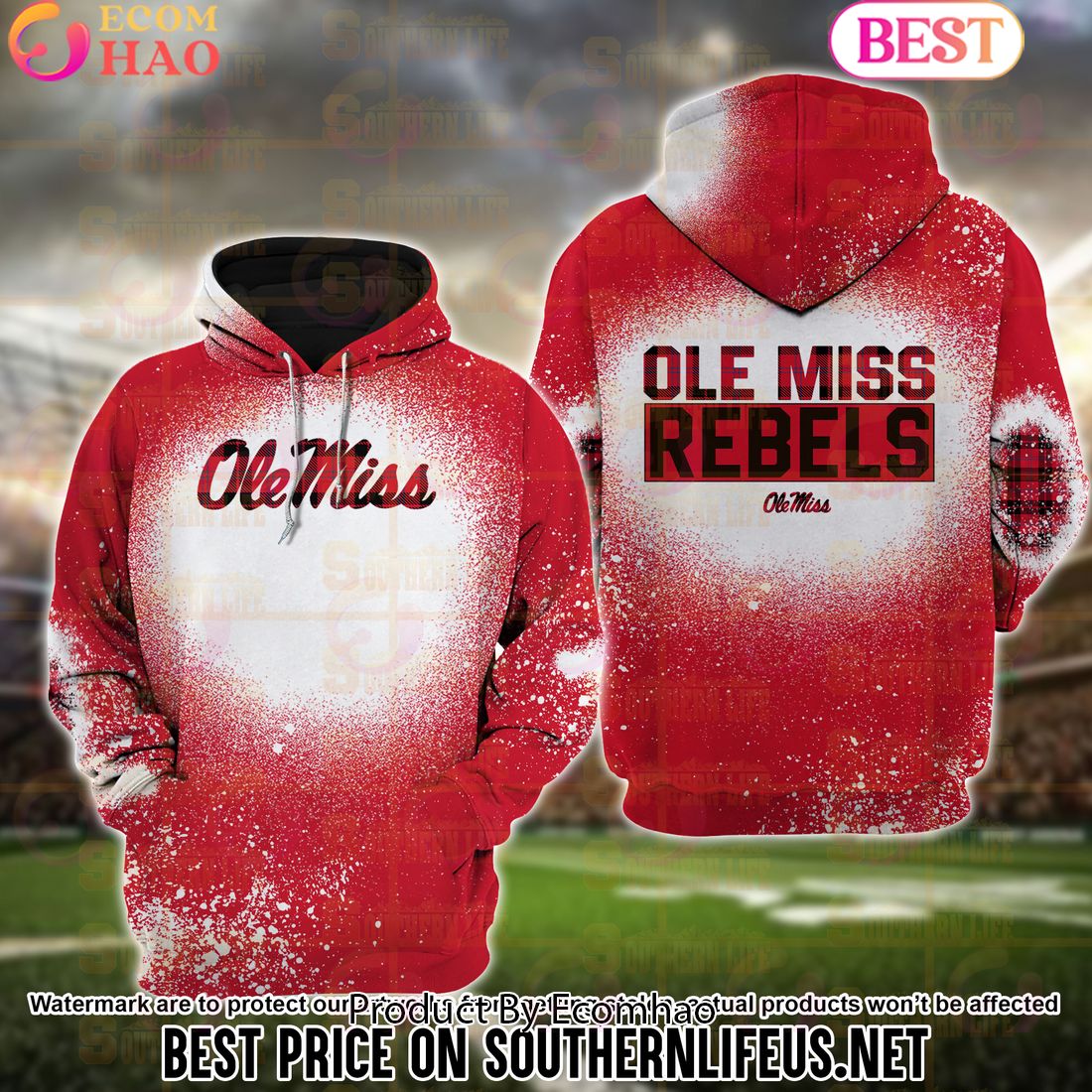 NCAA Ole Miss Rebels Football Plaid Bleached 3D Hoodie