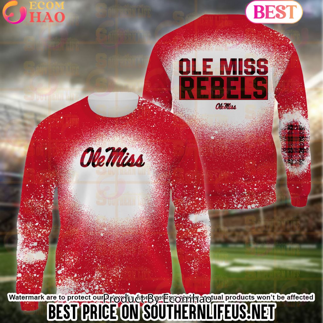 NCAA Ole Miss Rebels Football Plaid Bleached 3D Hoodie