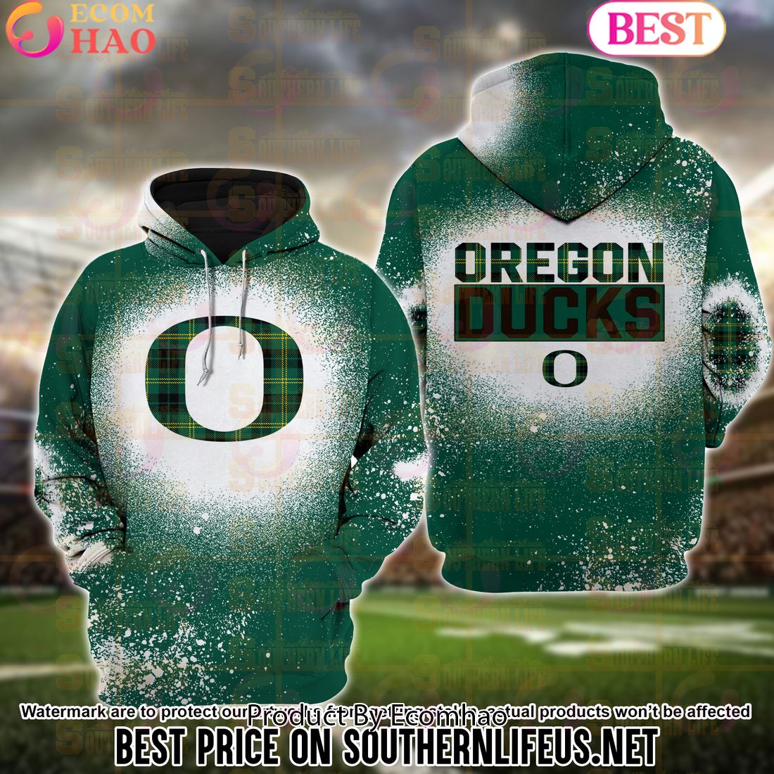 NCAA Oregon Ducks Football Plaid Bleached 3D Hoodie