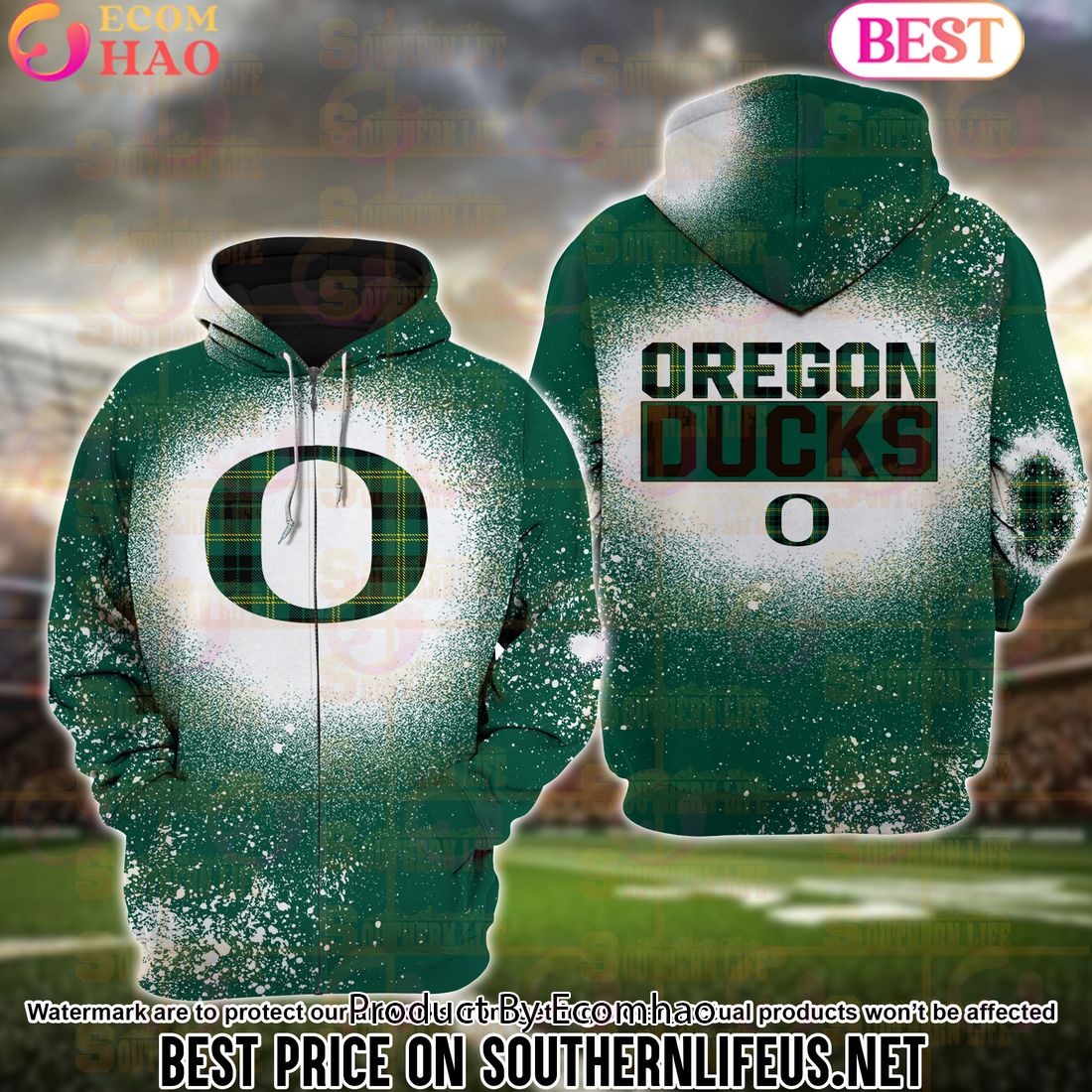 NCAA Oregon Ducks Football Plaid Bleached 3D Hoodie