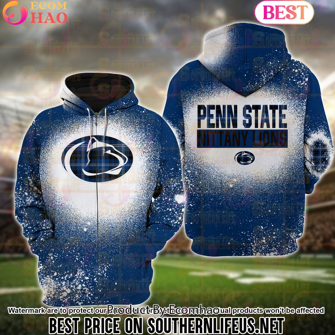 NCAA Penn State Nittany Lions Football Plaid Bleached 3D Hoodie