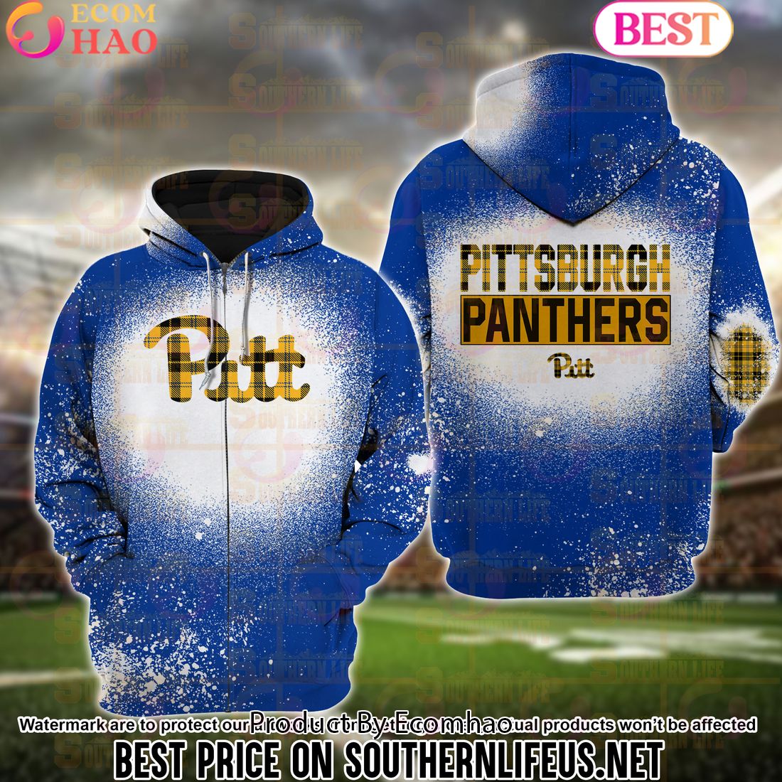 NCAA Pittsburgh Panthers Football Plaid Bleached 3D Hoodie