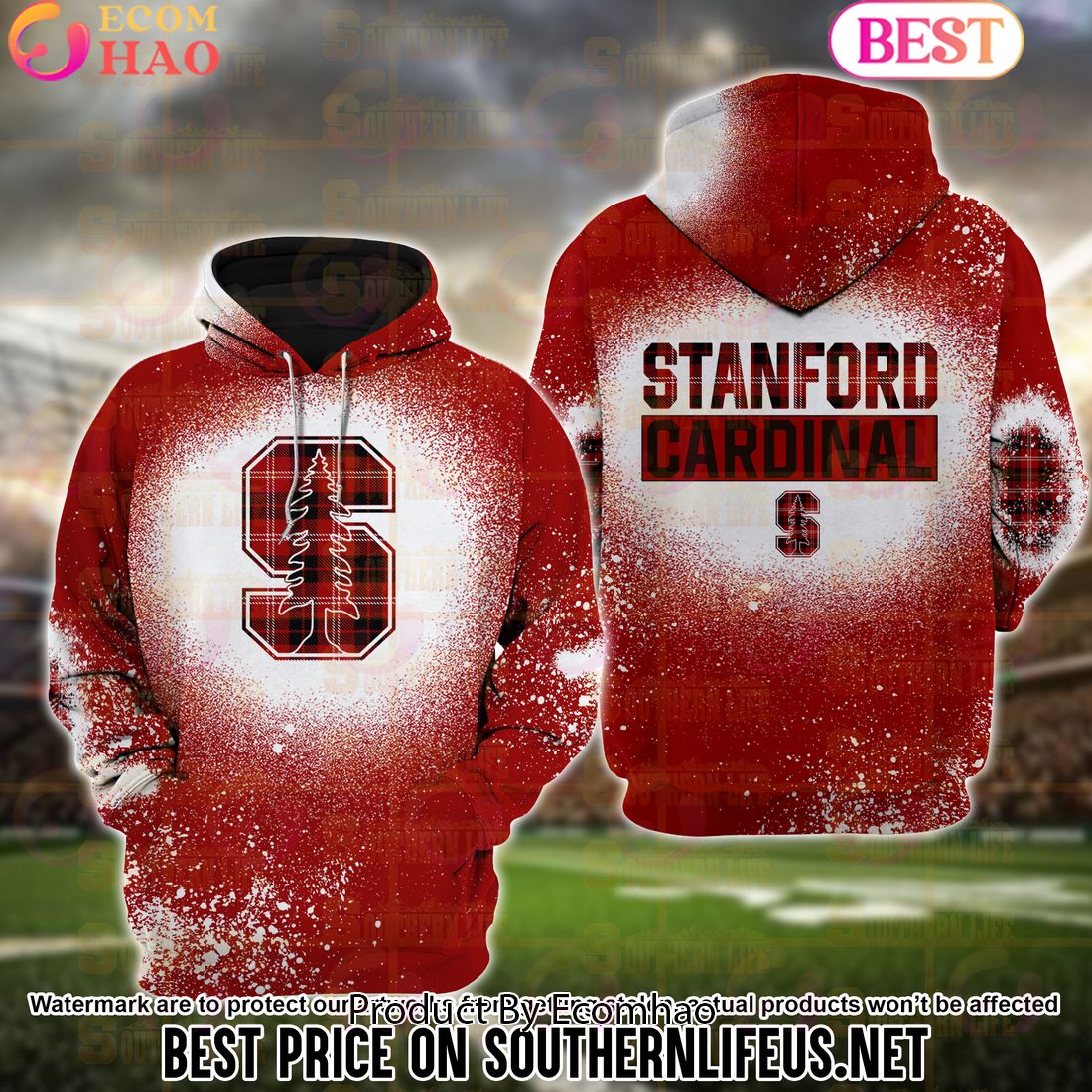 NCAA Stanford Cardinal Football Plaid Bleached 3D Hoodie