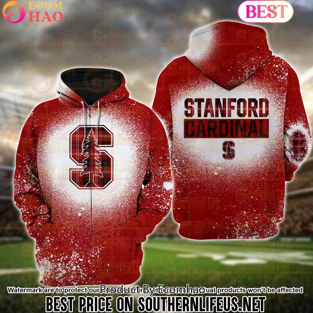 NCAA Stanford Cardinal Football Plaid Bleached 3D Hoodie