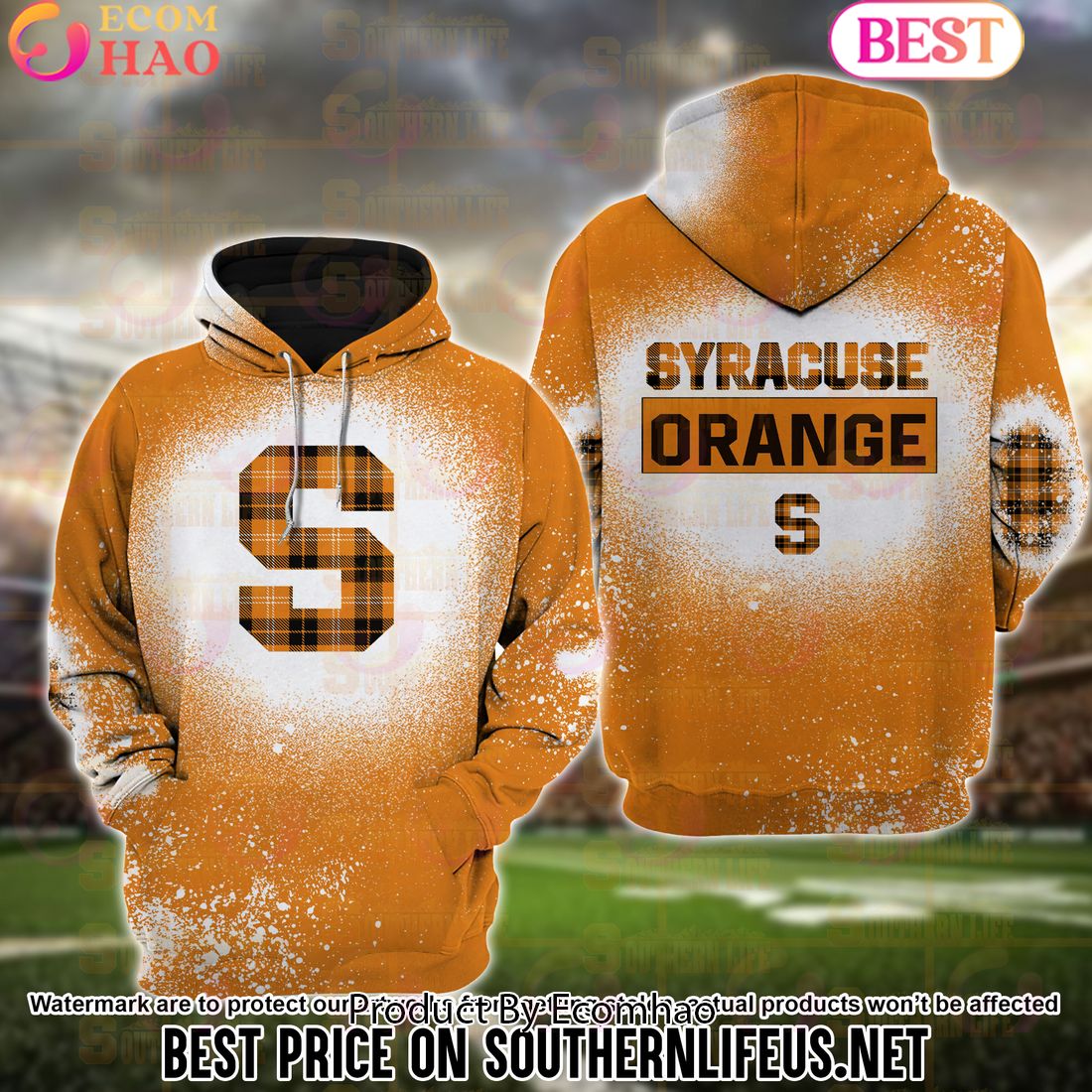 NCAA Syracuse Orange Football Plaid Bleached 3D Hoodie