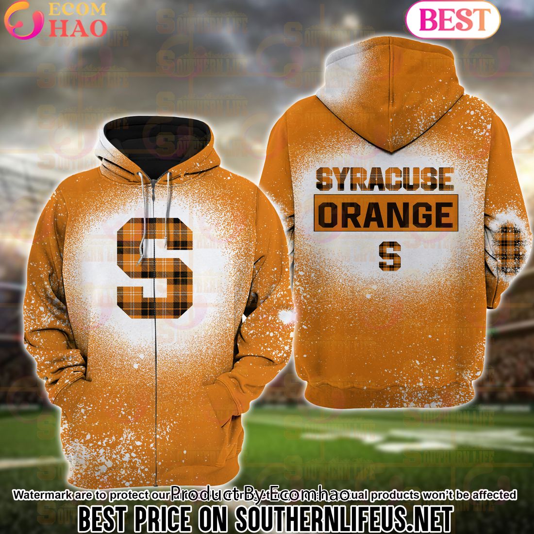 NCAA Syracuse Orange Football Plaid Bleached 3D Hoodie