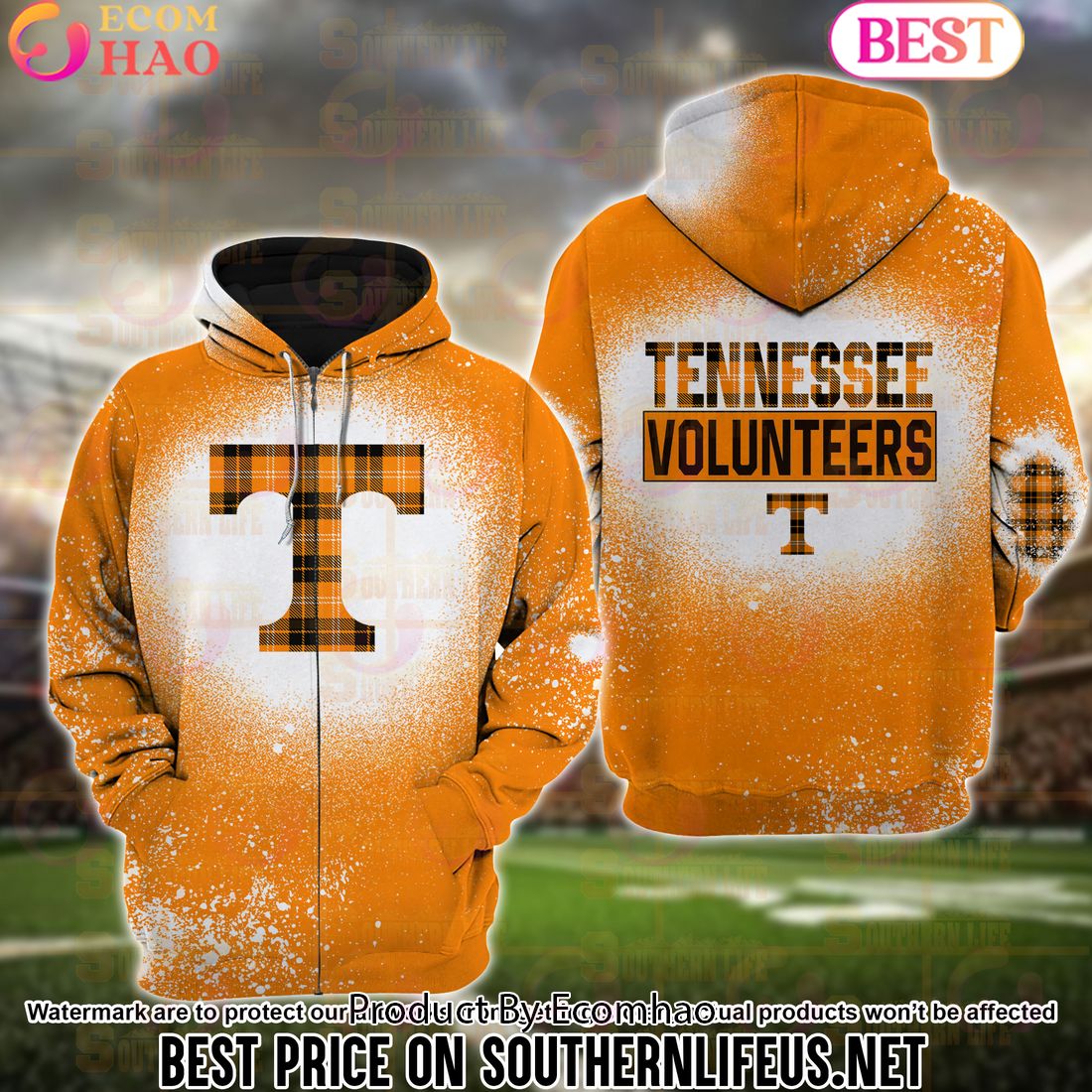 NCAA Tennessee Volunteers Football Plaid Bleached 3D Hoodie