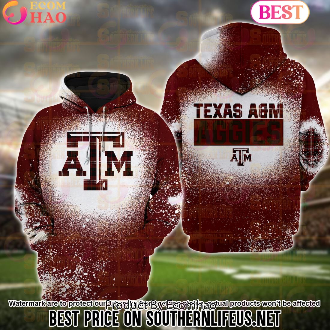 NCAA Texas A&M Aggies Football Plaid Bleached 3D Hoodie