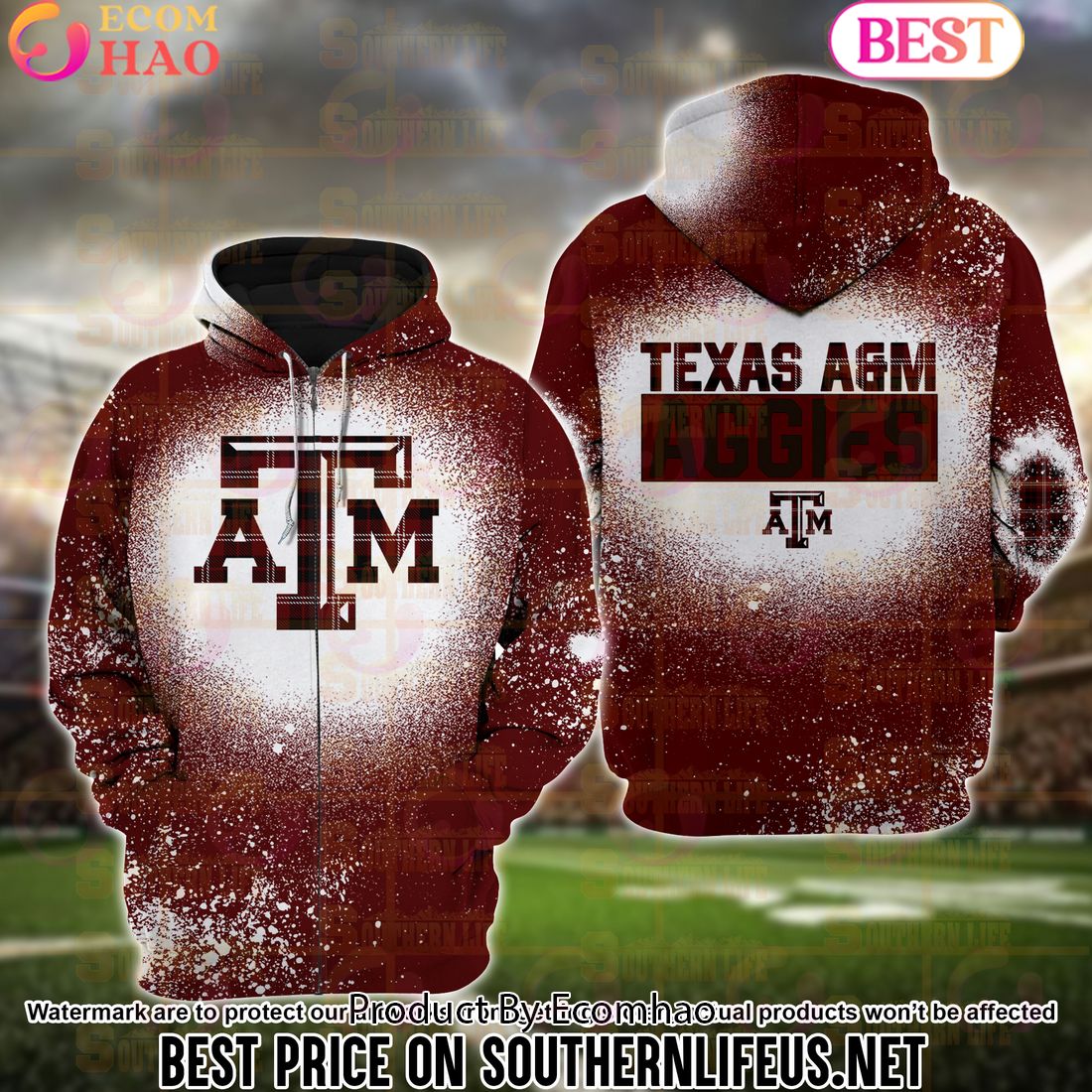 NCAA Texas A&M Aggies Football Plaid Bleached 3D Hoodie