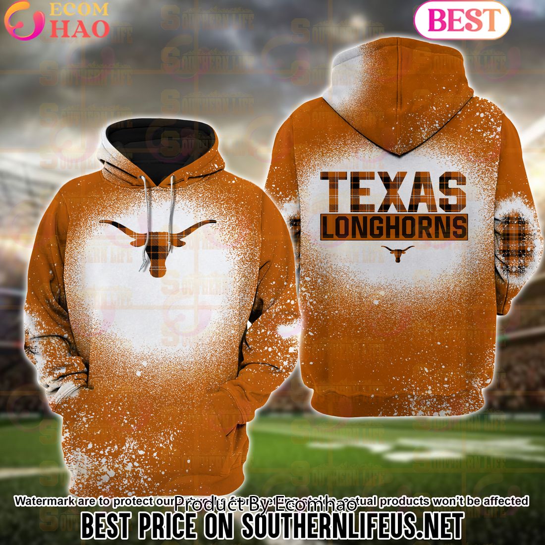 NCAA Texas Longhorns Football Plaid Bleached 3D Hoodie