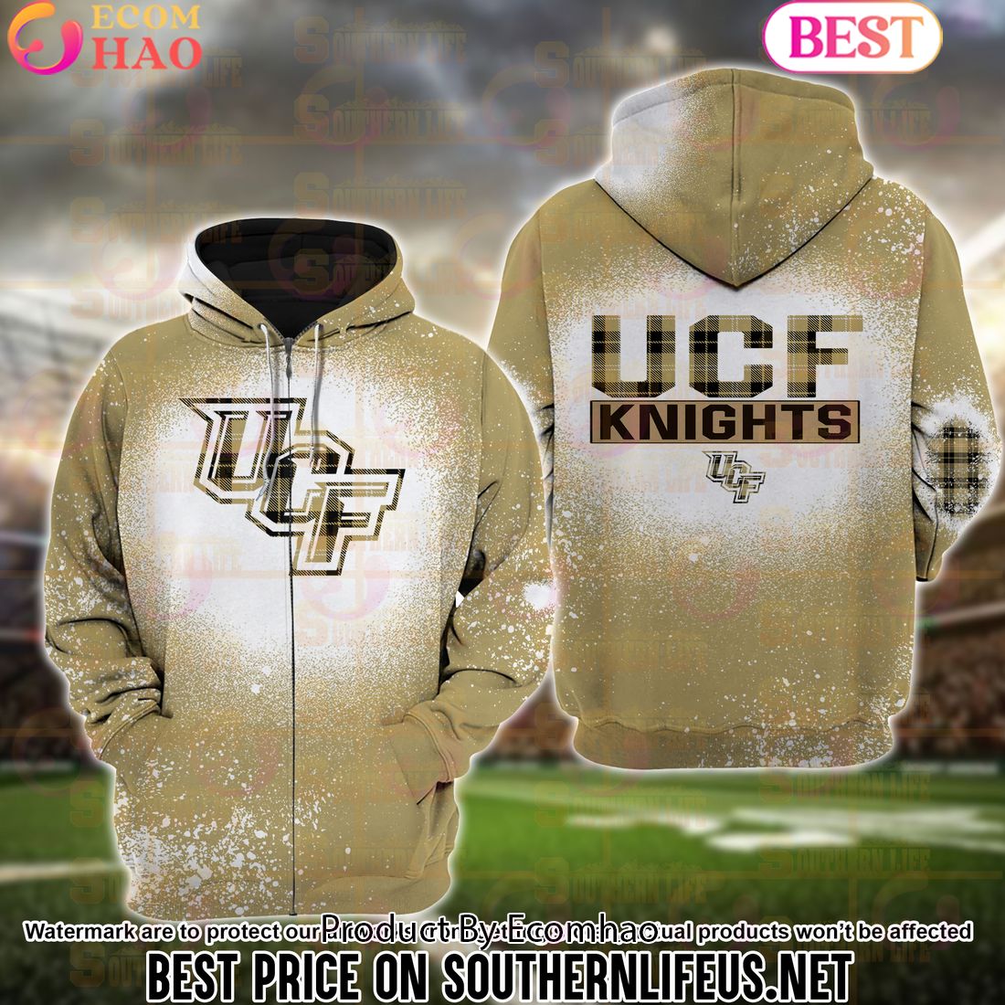 NCAA UCF Knights Football Plaid Bleached 3D Hoodie