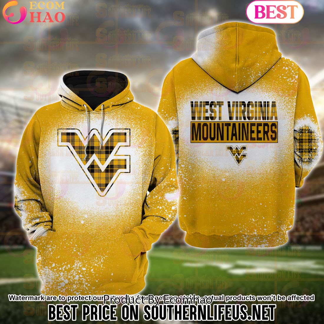 NCAA West Virginia Mountaineers Football Plaid Bleached 3D Hoodie