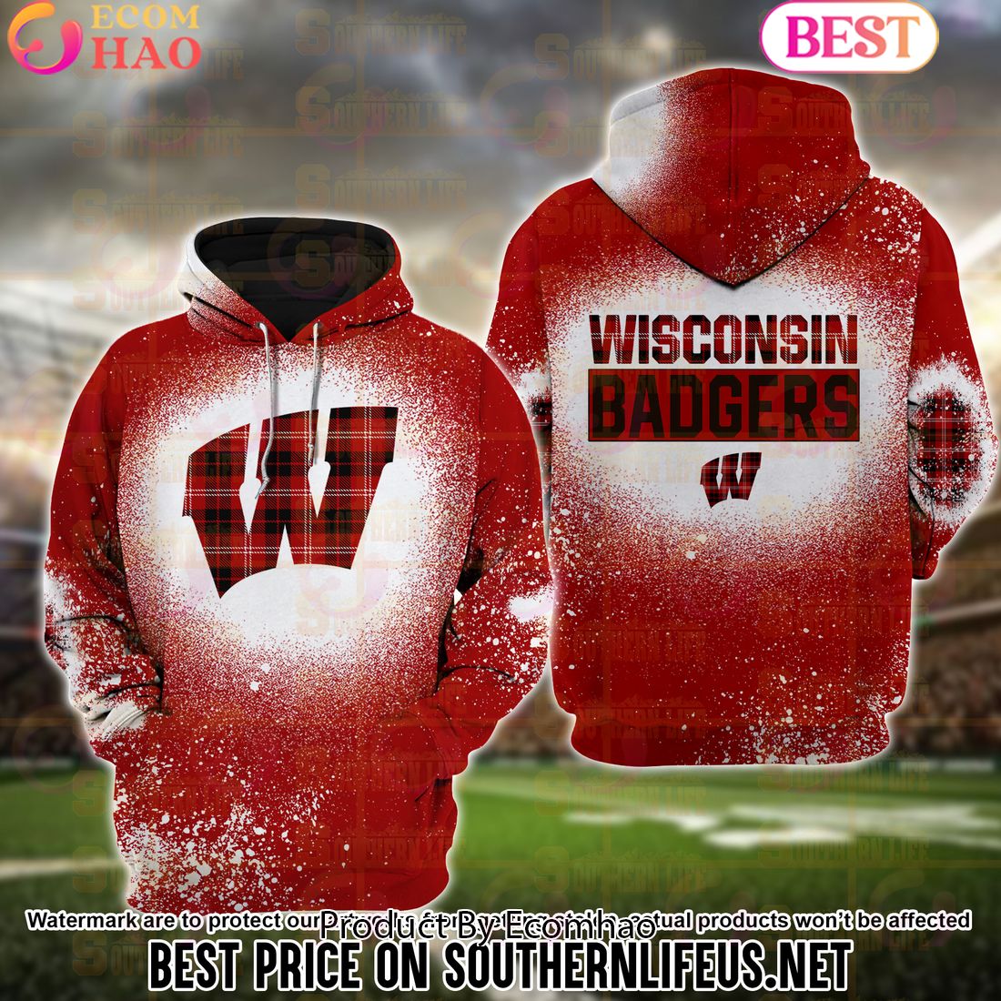 NCAA Wisconsin Badgers Football Plaid Bleached 3D Hoodie