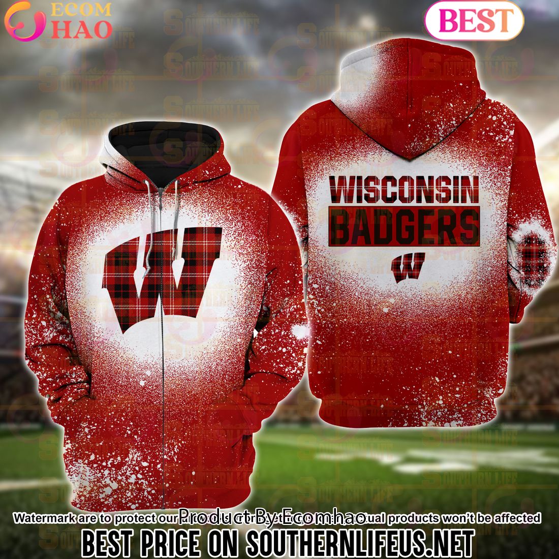 NCAA Wisconsin Badgers Football Plaid Bleached 3D Hoodie