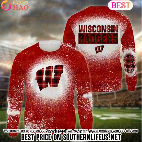 NCAA Wisconsin Badgers Football Plaid Bleached 3D Hoodie