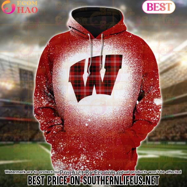 NCAA Wisconsin Badgers Football Plaid Bleached 3D Hoodie