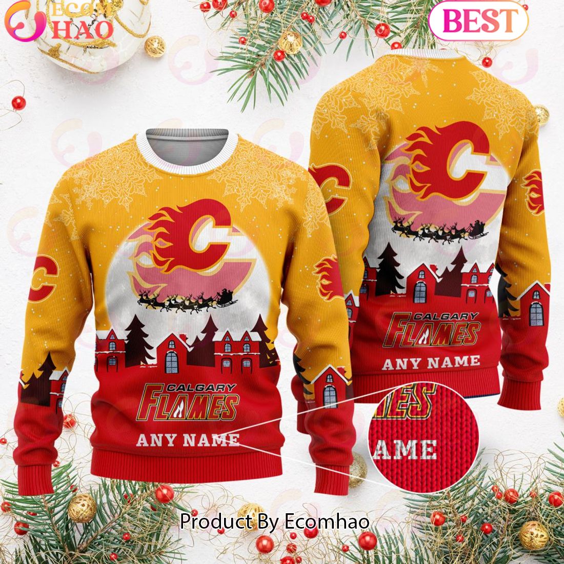 Custom Name NHL Calgary Flames Special Christmas Ugly Sweater Design